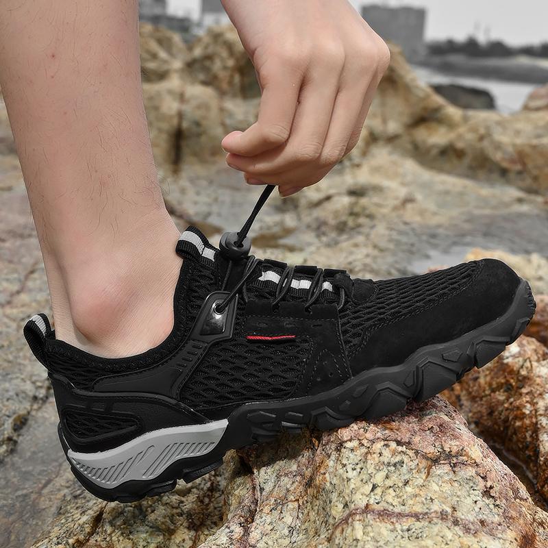 Men’s Outdoor Hiking Shoes Grey Driving Shoes Casual Slip on Summer Black Mesh Shoes Plus Size 45 46