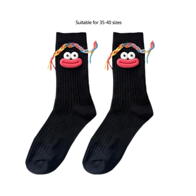 Women's Novelty Cute Large Mouth Braids Ugly Dolls Middle Tube Socks Casual Novelty Cartoon Crew Socks for Cosplay Party