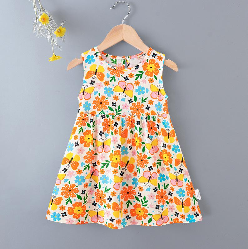 Girls' Floral Summer Princess Beach Dress, Cotton Silk Tank, A-line Skirt