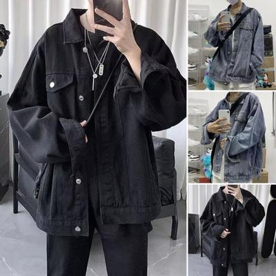 Men Cargo Coat Lapel Multi Pockets Single Breasted Denim Coat Casual Sporty Style Denim Jacket Streetwear
