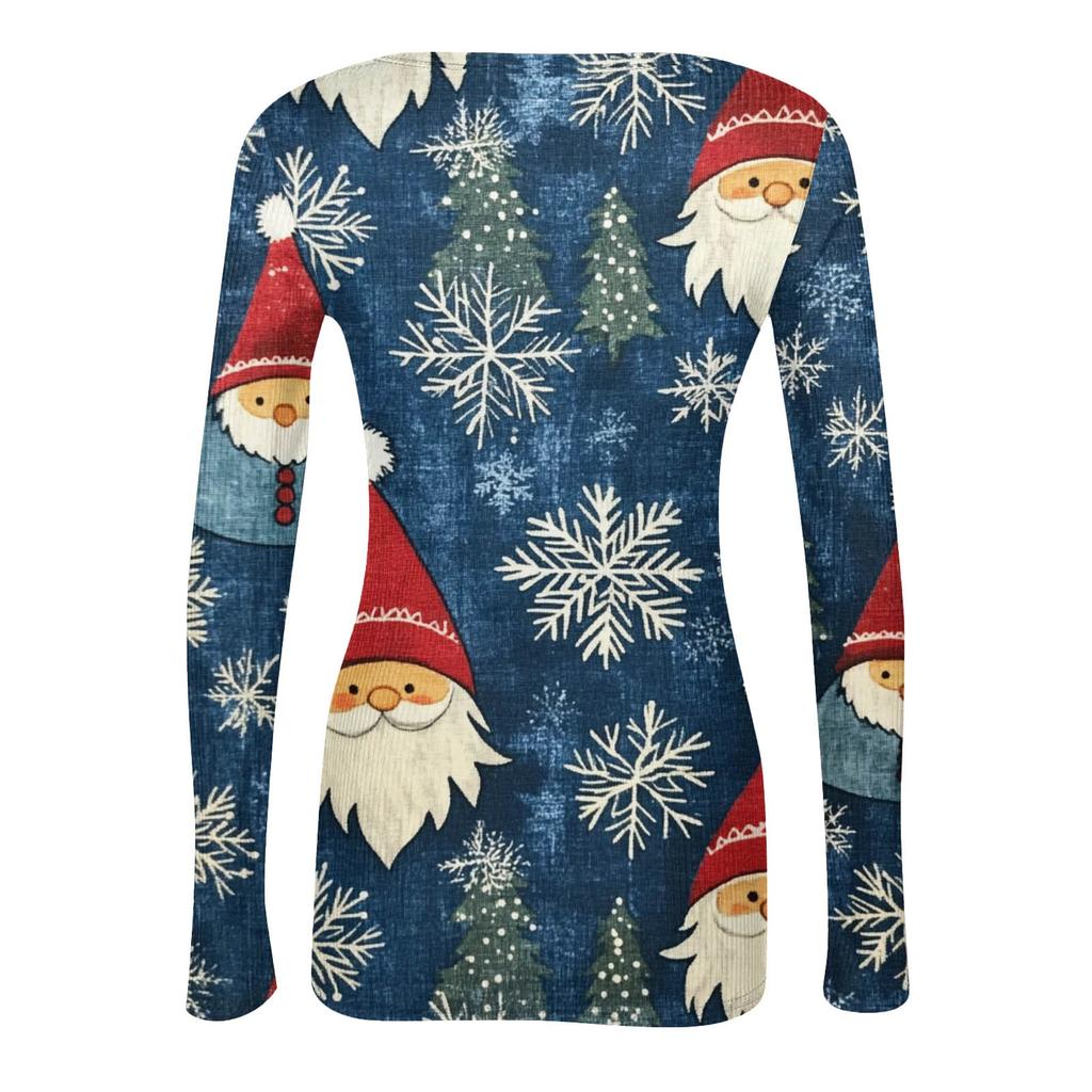 Damenmode Slim Bottom Casual Langarm Weihnachten bedruckt Pullover U-Ausschnitt Top