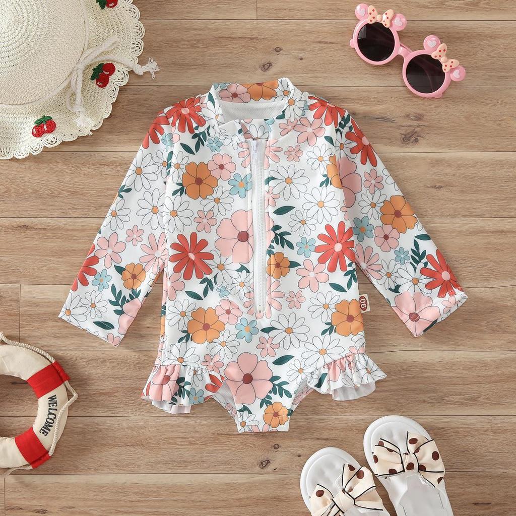 Kids Baby Girl Swimsuits Summer 2024 Floral Long Sleeve Zipper Ruffles Jumpsuit Swimwear Beachwear Bathing Suits