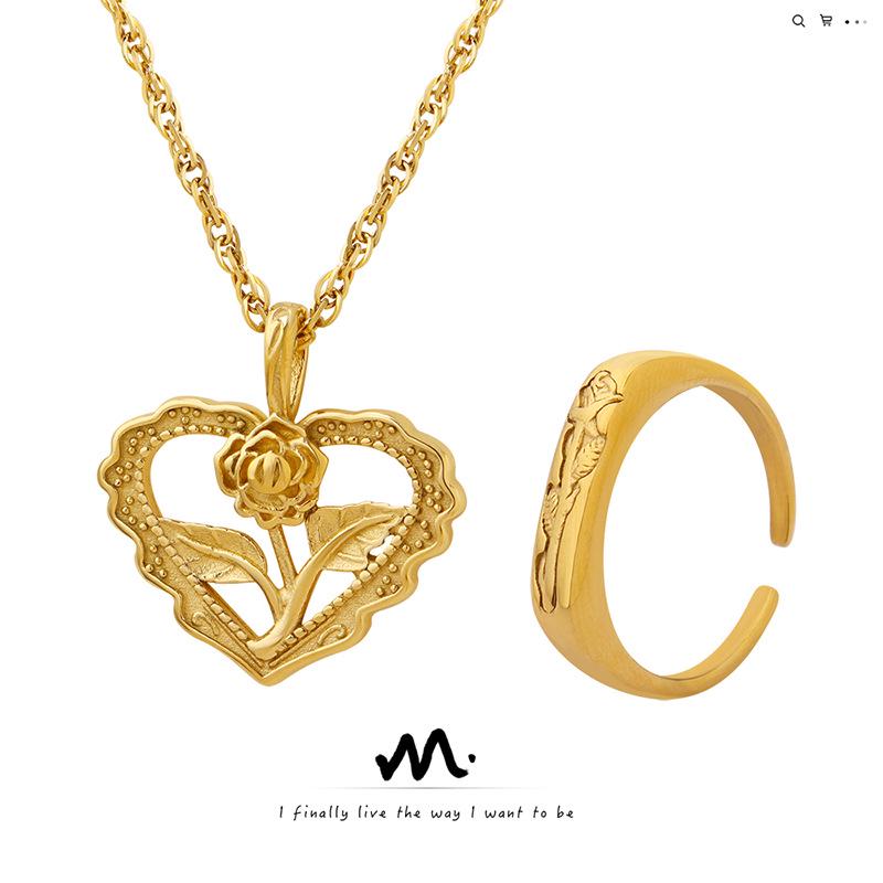 

Gold-Plated Titanium Necklace & Ring Set with French Retro Heart and Rose Cutout