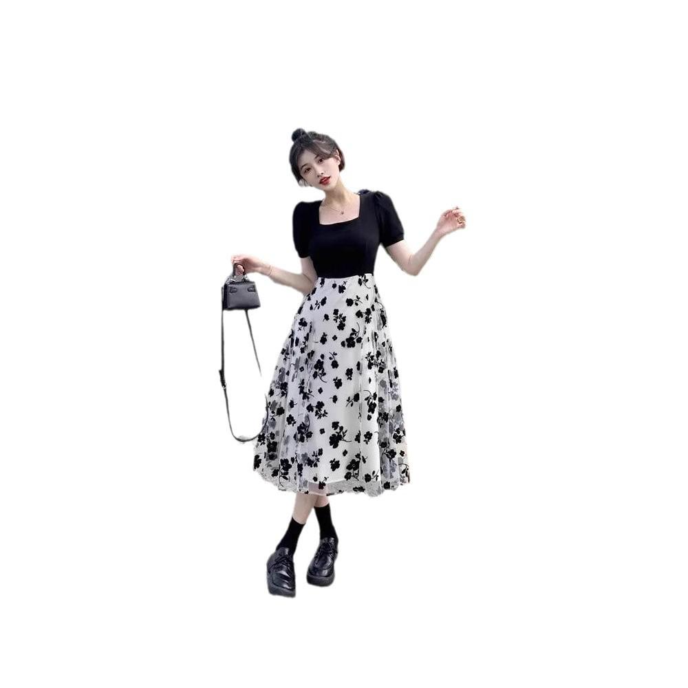 Damen Sommer 2024 Blumenmuster Faux-Zweiteiler Schlankheitskleid