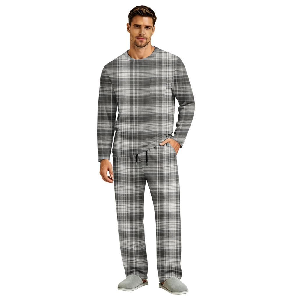 Men's Long Sleeve Pajama Set with Button Crotch and Elastic Drawstring Waist for Home Comfort