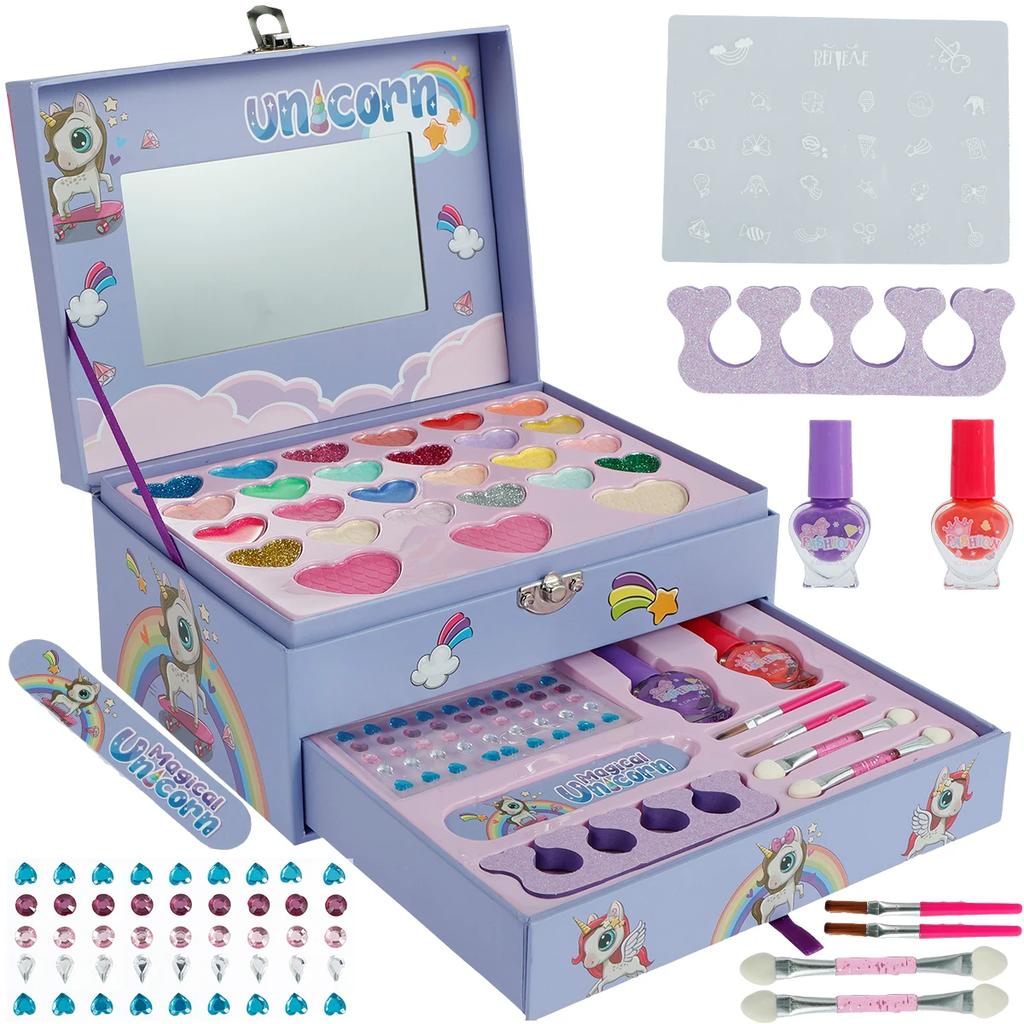 37Pcs Kids Makeup Toy Kit Real Washable Makeup Beauty Set for Girls with Portable Cosmetic Bag Princess Play Makeup Toy Set