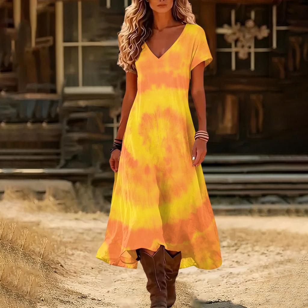 Modisches Damen Sommer V-Ausschnitt Kurzarm Farbverlauf Bedrucktes Strandkleid