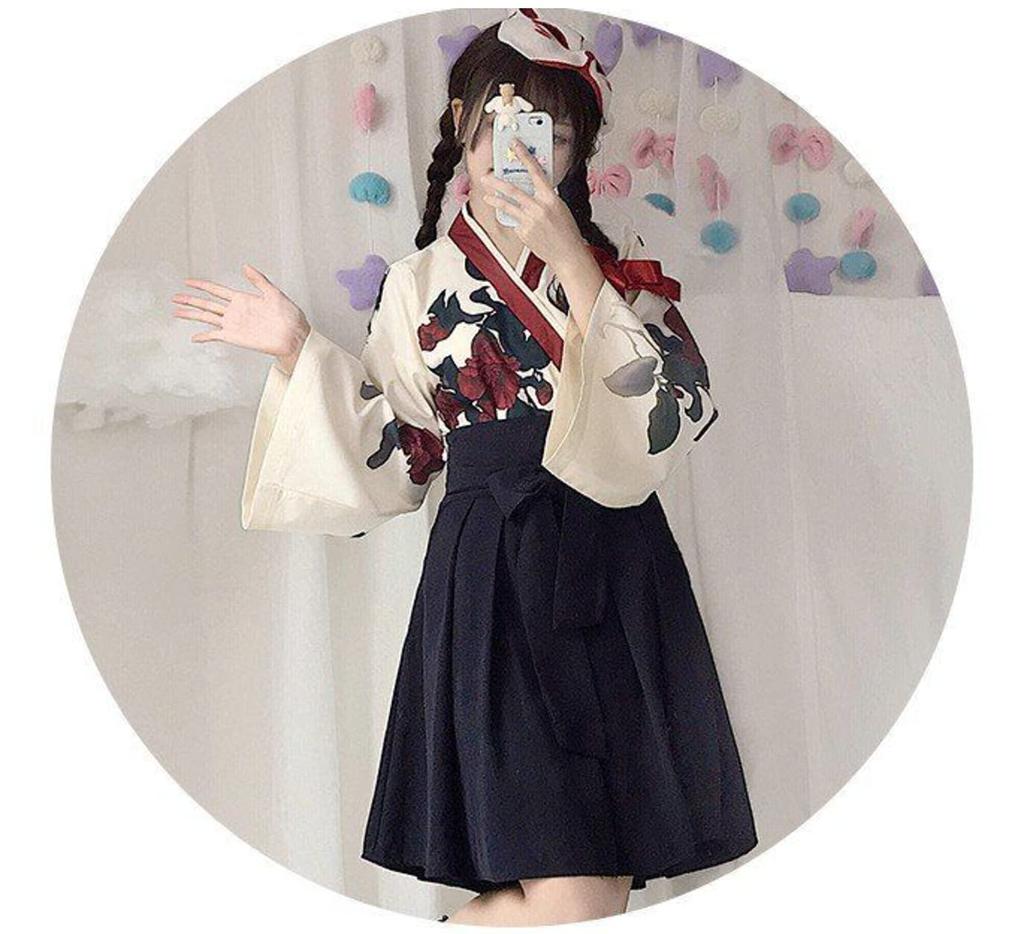 Dame Faul Taisho Roman Hakama Kimono Lang Floral Lolita Plus Locker Rot Floral Uni Gotisch Erwachsener Schrein Showa Kurz Rose Druck Größe Kleid, Druck,