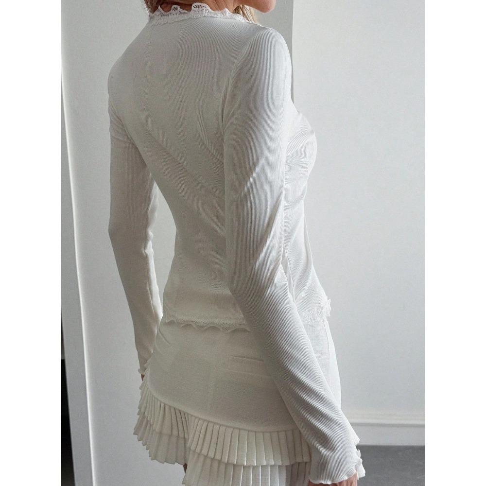 Women V-Neck Lace Patchwork Striped Cardigan Long Sleeve Casual T-Shirt Top