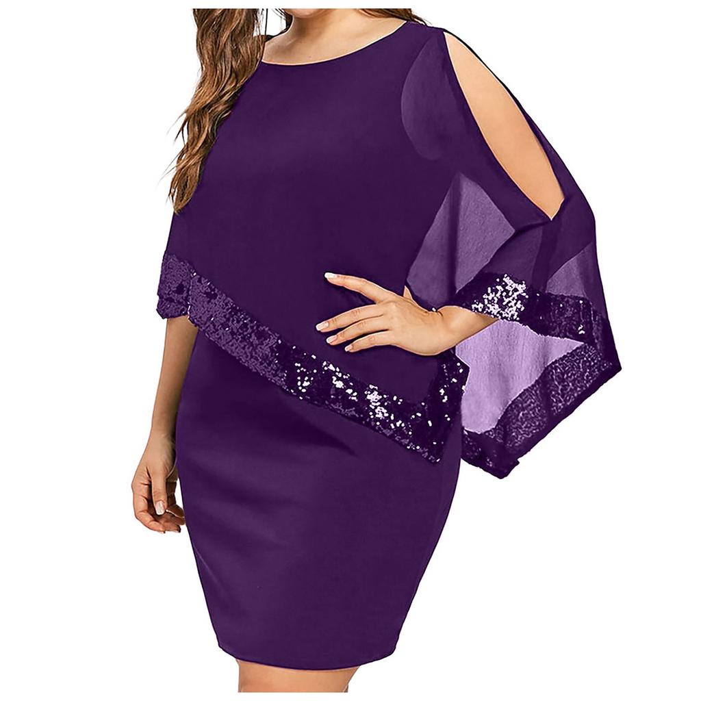 Women's Fashion Plus Size Irregular Sequin Splicing Strapless Chiffon Round Neck Dress