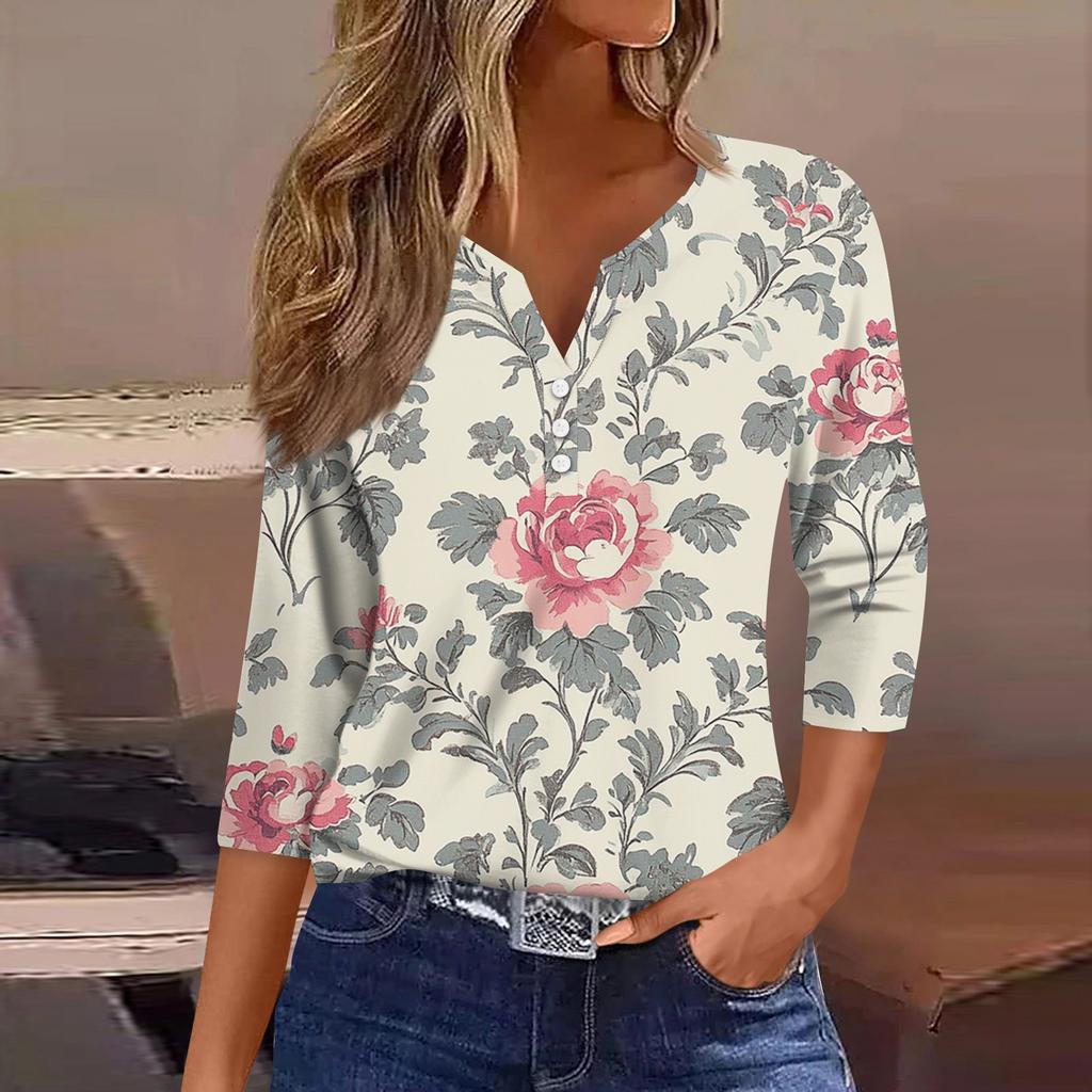 Women's T Shirt Tee Print Button 3/4 Sleeve Daily Weekend Fashion Basic V Neck Regular Top