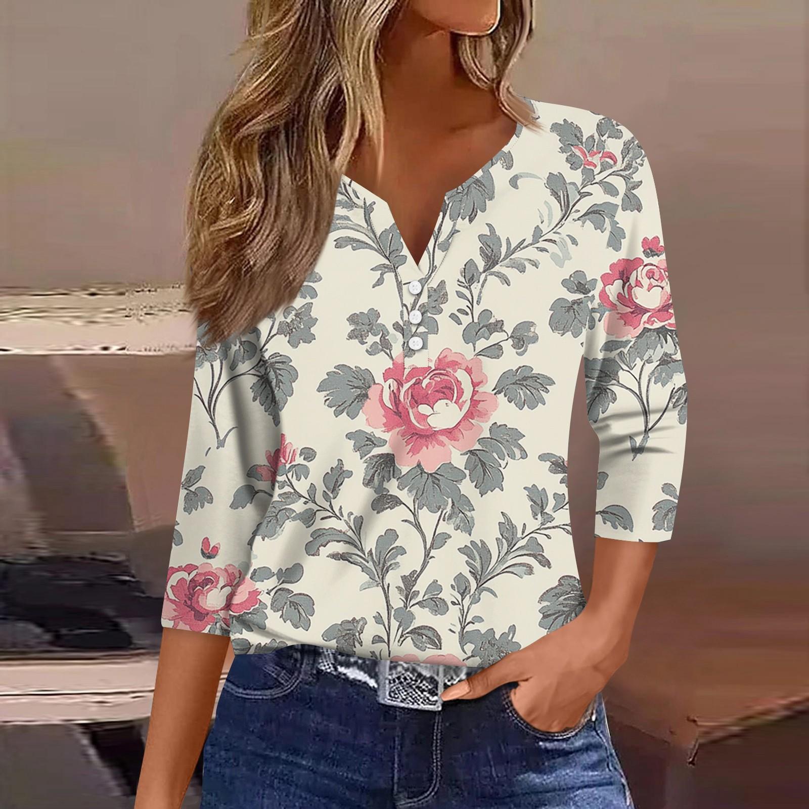 

Жен. Футболка Футболка С принтом Пуговицы Рукав 3/4 Повседневные Выходные Мода Классический V-образный вырез Обычный Топ XXL розовый