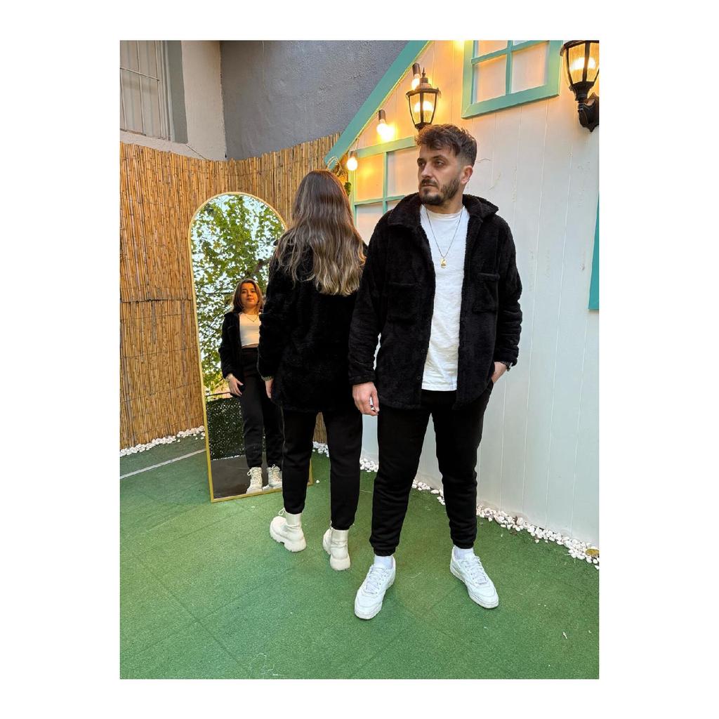 2-piece Men's Plush Jacket With Pockets - Gray Black Winter Shirt Collar