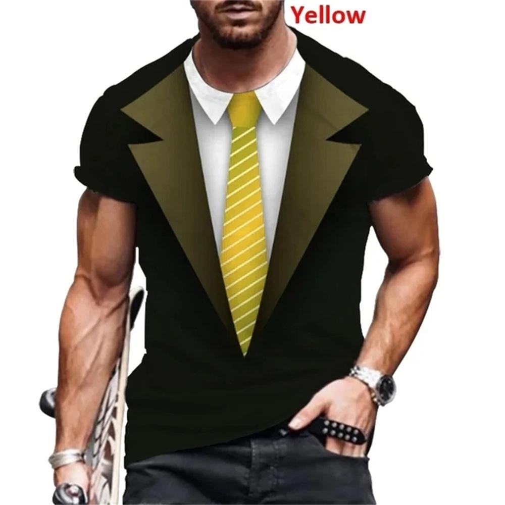 Modische Muster Sommer Fake Anzug Schleifendruck Herren T-Shirt Frack Krawatte Mode Kurzarm Rundhals Übergröße Bequem