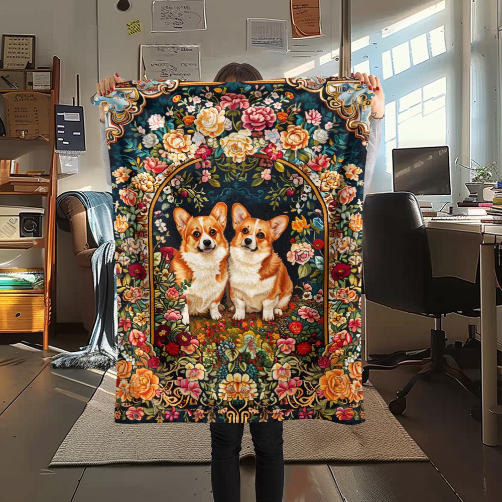 1Pc Floral Dog Print Flannel Blanket, High quality Comfortable for All Seasons, Home Decor, Warmth and Comfort, Perfect for Christmas Gifts