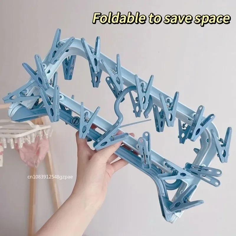 1/2/3/4pcs Clothes Drying Hanger With 32 Clips Multifunctional Household Windproof Socks' Clip Drying Rack Drying Hanger