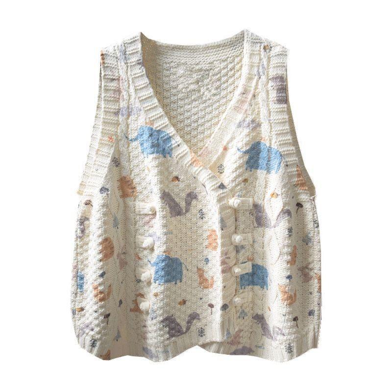 Japanese-style Soft Girl Literary Fresh Floral Knitted Sweater Vest Vintage Button Sleeveless Vest Waistcoat