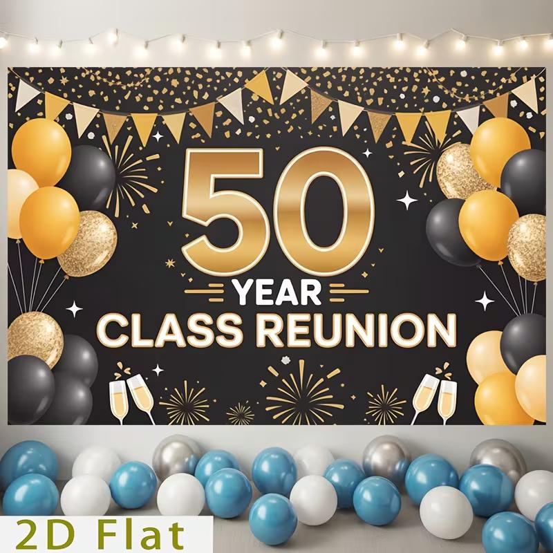 2D 50th Reunion Celebration Background, Balloon & Champagne Toast De