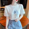 Casual Gedruckt T-shirt Frauen Elegante Sommer Frauen Tops Oansatz Verstärktes Spitze Hemd Koreanischen Stil Puff Kurzarm Bluse 27463