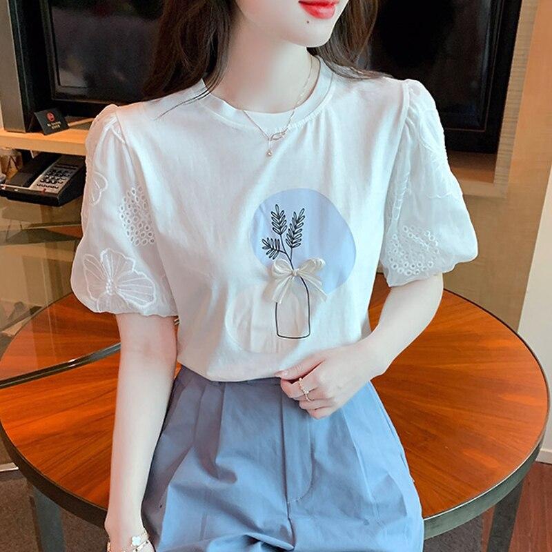 Casual Gedruckt T-shirt Frauen Elegante Sommer Frauen Tops Oansatz Verstärktes Spitze Hemd Koreanischen Stil Puff Kurzarm Bluse 27463