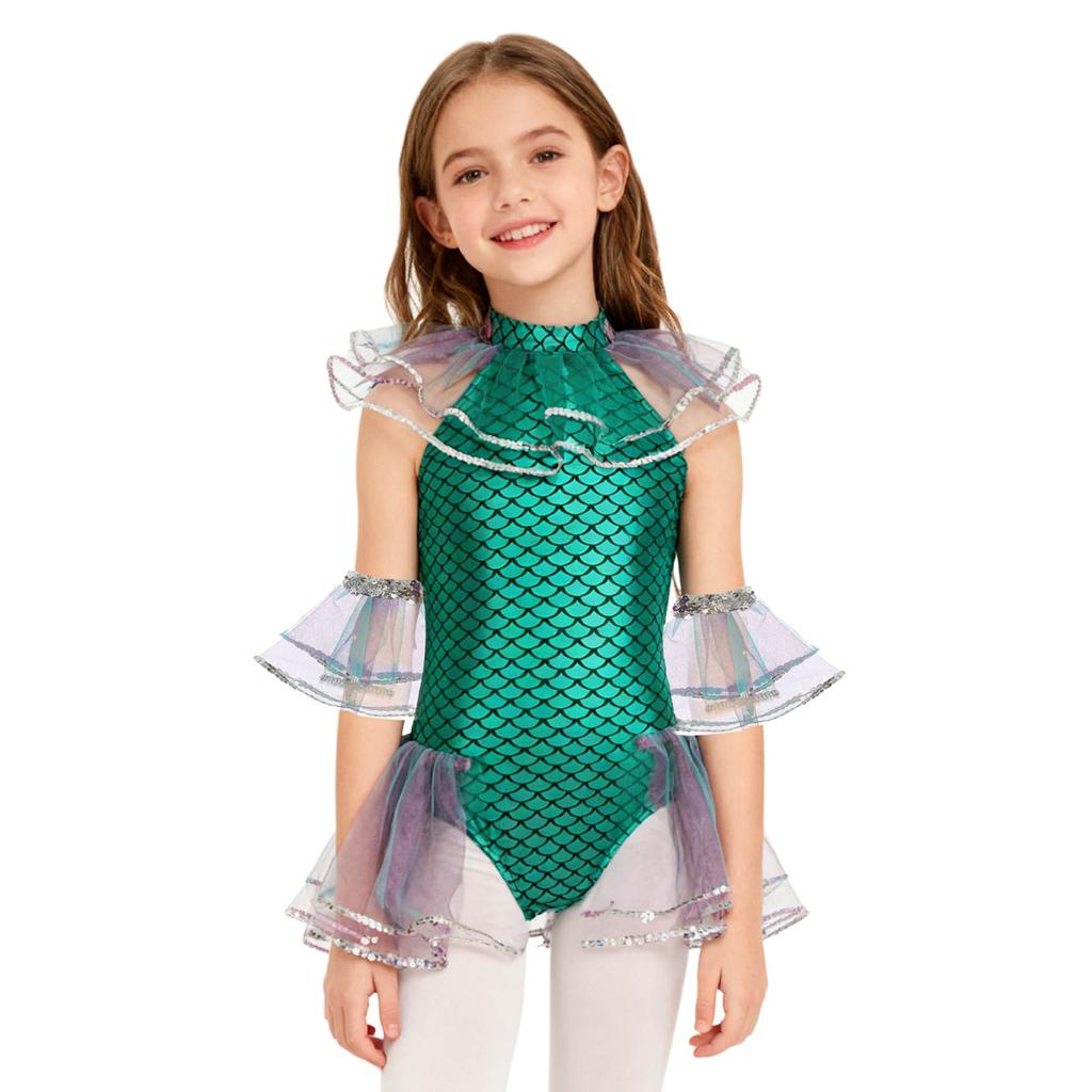 Kids Girls Mermaid Cosplay Costume: Sleeveless Mesh Sequins Bodysuit with Fish Scales Print & Arm Sleeves for Halloween Party