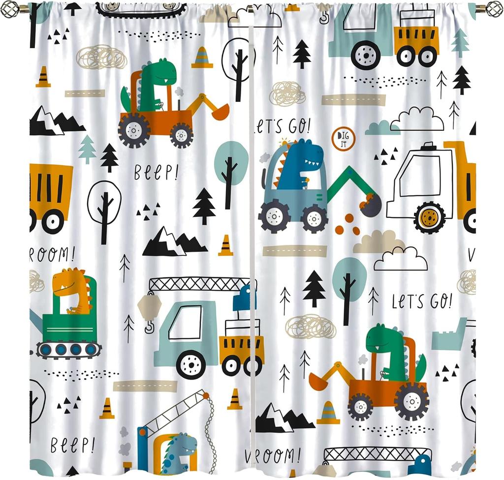 Dinosaur Construction Curtains For Boys,Cartoon Forest Architectural Site Dinosaur Excavator Tractor Truck Window Drapes Print