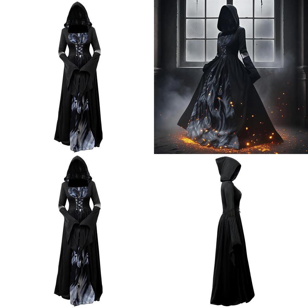 Halloween Hexenkleid Mit Kapuze Cosplay Kostüm Für Damen Aus Polyesterstoff Für Bühnenauftritte