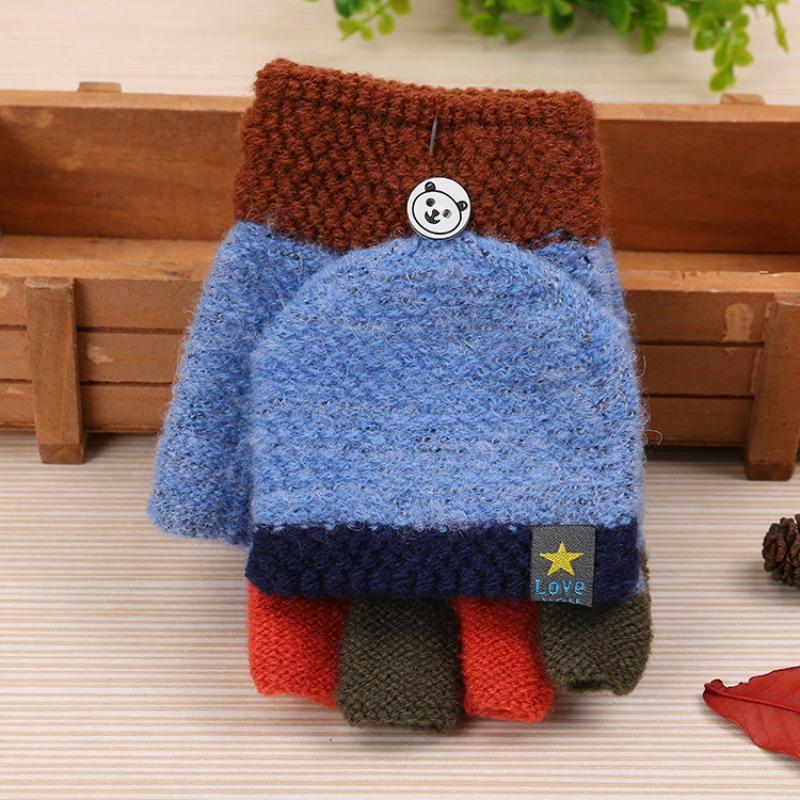 

New children s thermal writing gloves autumn and winter thickened flip color matching wool finger knitted student gloves women 5-15 years old