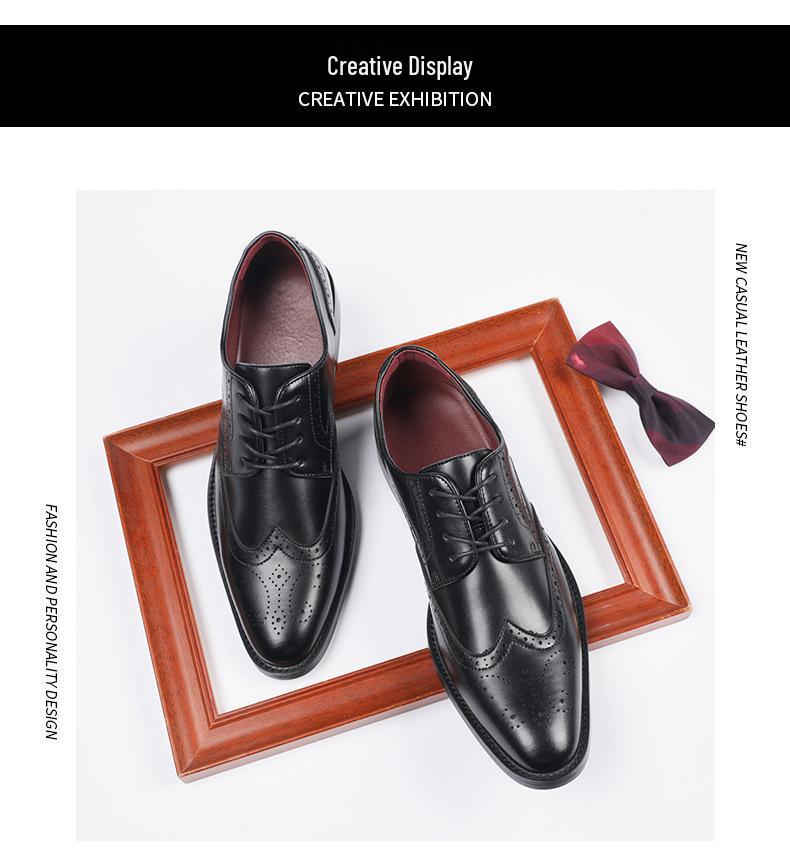 New Men's English Style Hidden Heel Derby Brogue Leather Shoes - Pointed Toe Lace-Up Design for Formal and Casual Wear