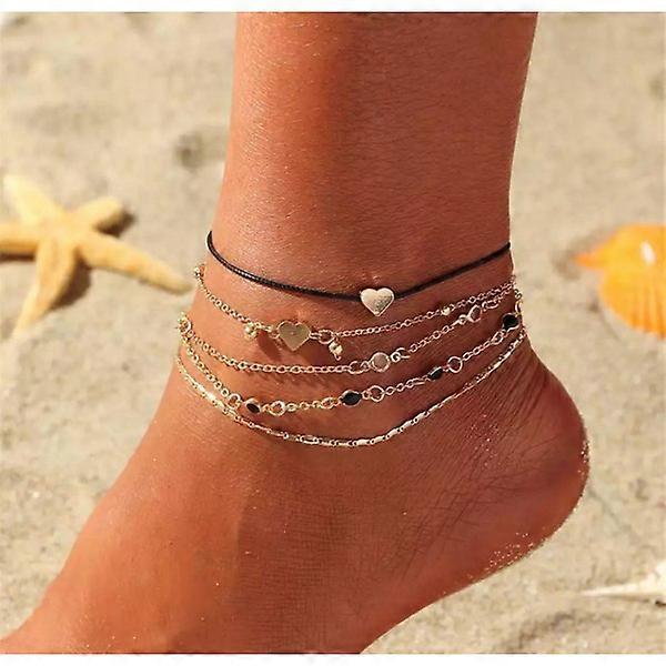 5 Pcs Gold Foot Jewelry Foot Link Ankle Link Foot Chain - Heart & Ball Gold