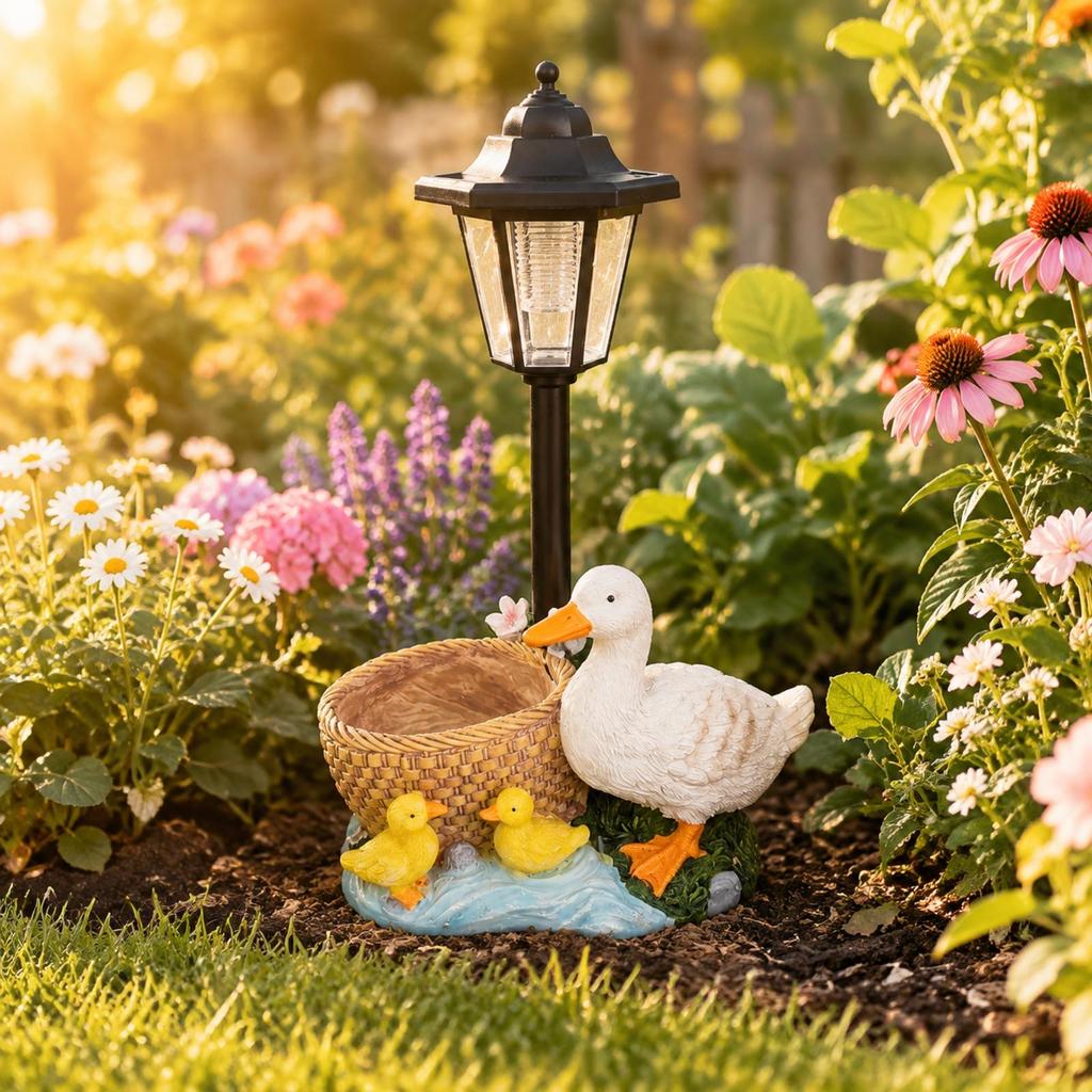 Duck Household Garden Ornament with Solar Lantern WeatherResistant Resin Decor for