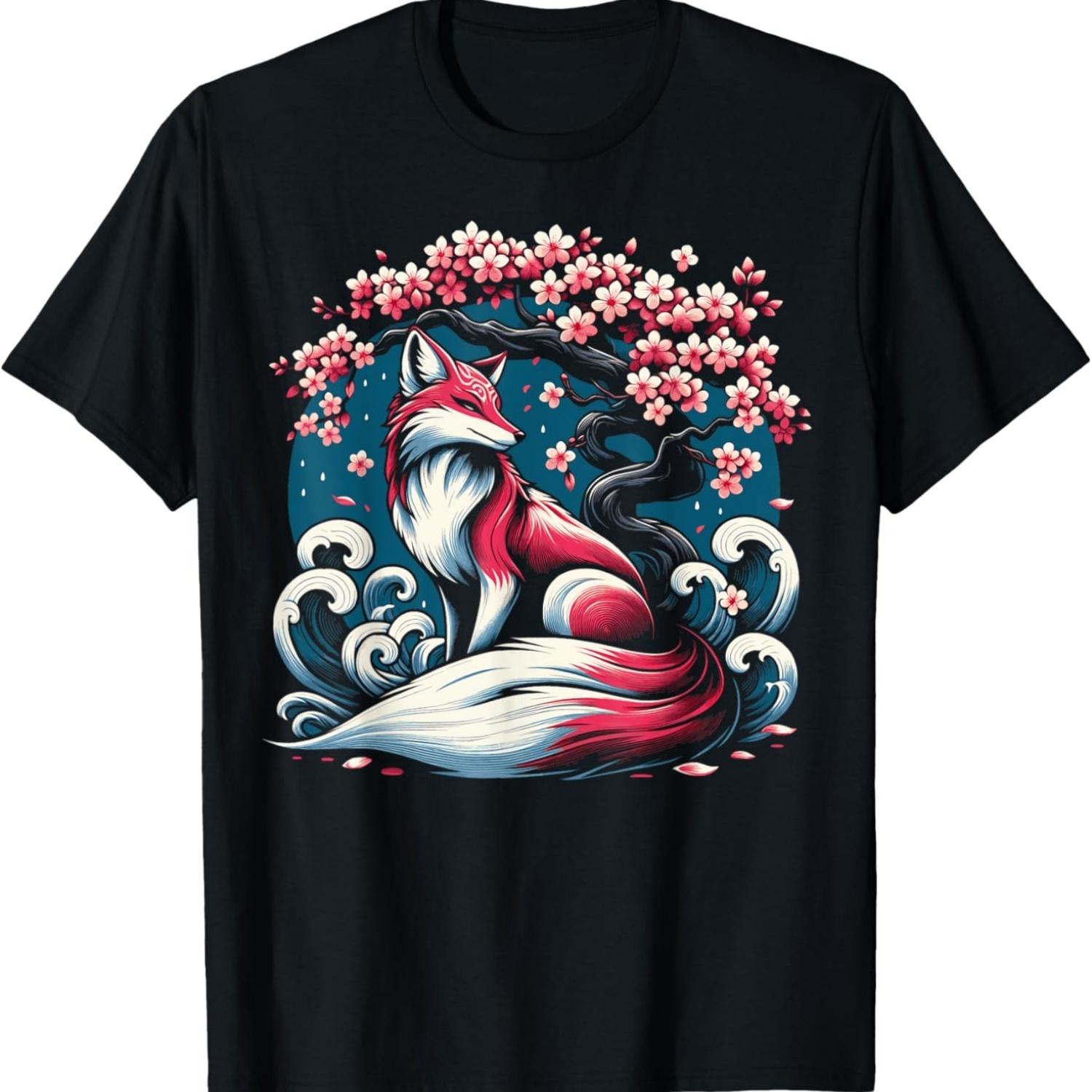 Fox Nine Tailed Fox Cherry Blossom Flowers T-Shirt S чёрный