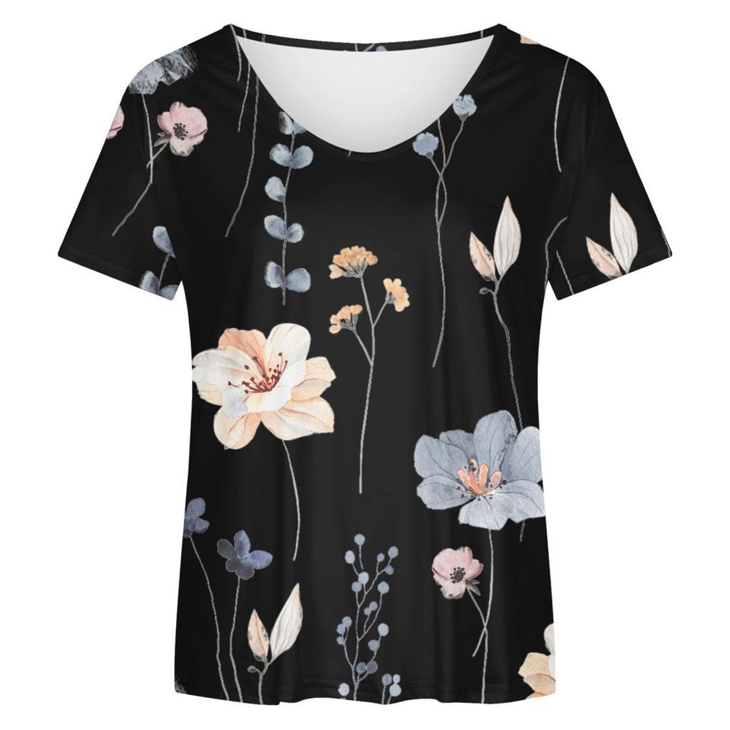 Women's Fashion Casual Short Sleeve Flower Print Round Neck Pullover Top Blouse