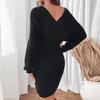 2025 New Autumn and Winter Casual Simple Style V-neck Bat Sleeve Black Waist Pack Hip Sweater Skirt