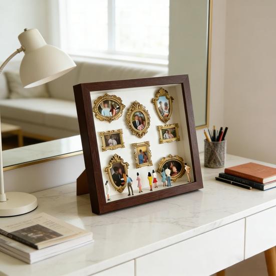 DIY Mini Museum Box with Small Golden Frames Figurines Lamps Photo Frame Shadow Box Family Memory Display Case Home Decoration