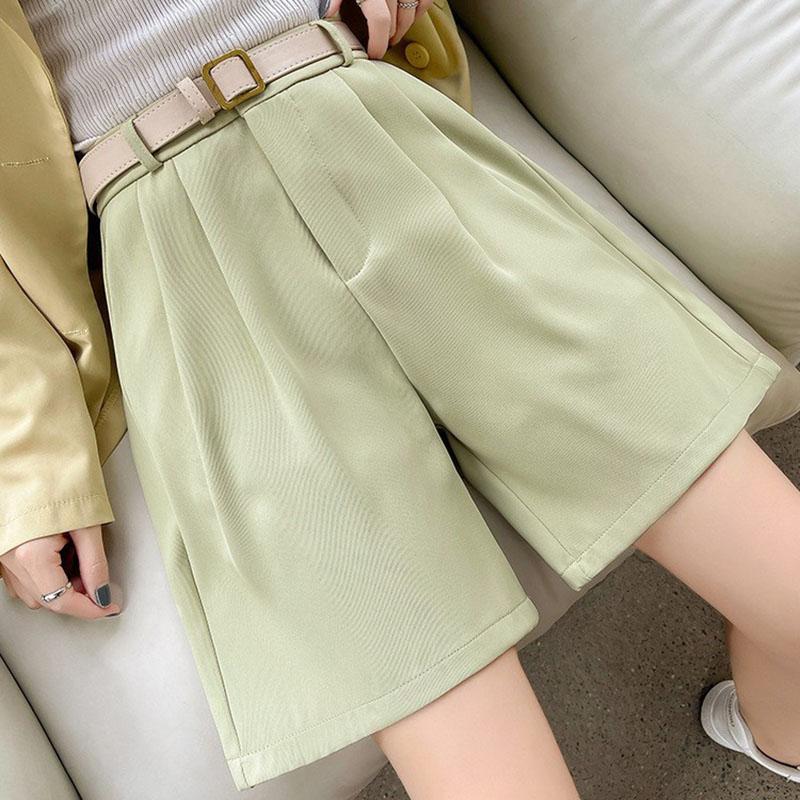 Women Summer Solid Color High-Waisted Wide-Leg Casual Suit Shorts Pants