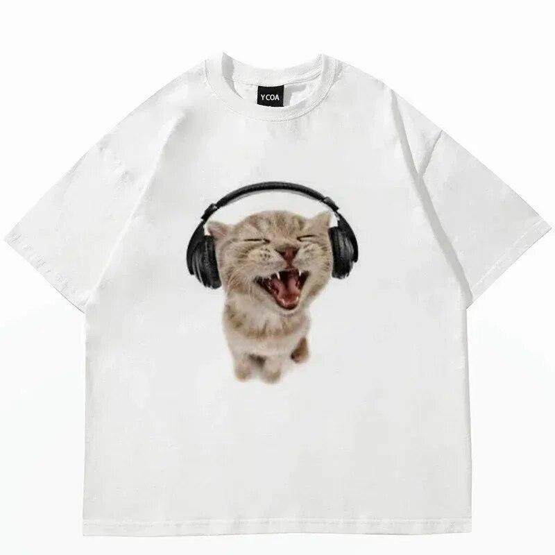 

Топ WoUnisex, футболка с коротким рукавом из 100% хлопка с принтом милого кота, женская одежда, Harajuku, модная пара, уличный стиль, одежда Y2K, унисекс 4XL