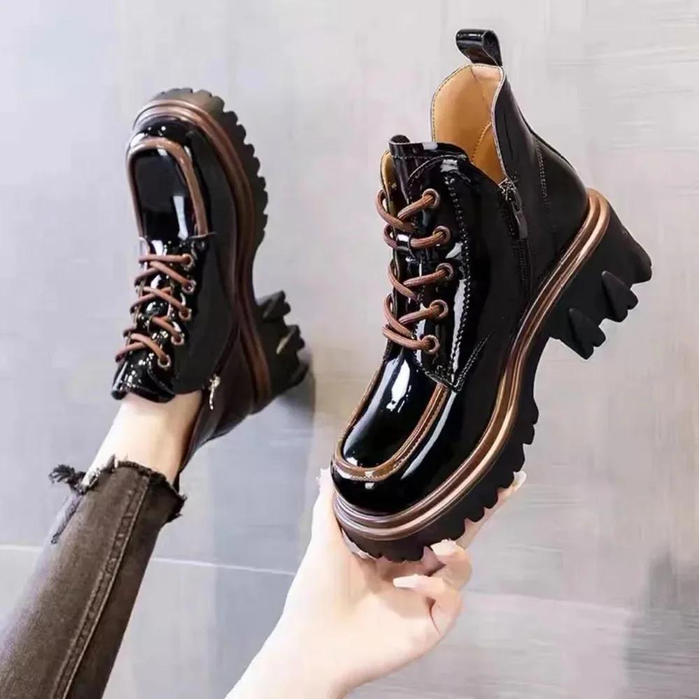 Shoes for Women 2024 Autumn Winter New Chunky Heel Platform Lace-up Women's Boots Fashionable Round Toe Zipper Motorcycle Boots