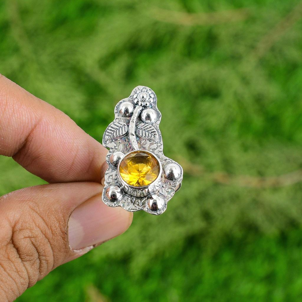 Mothers Day Deal Citrine Stone Boho Solitaire Sister Flower Ring Sterling Silver