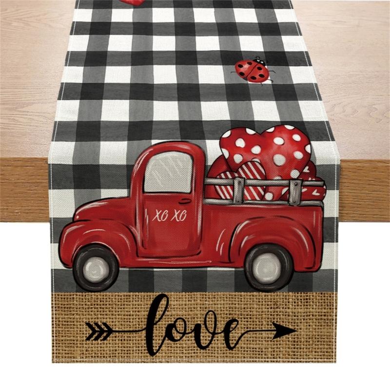 Valentines Day Linen Table Runner Wedding Decoration Heart Gnome Couple Table Runner Tablecloth for Dining Table Decor