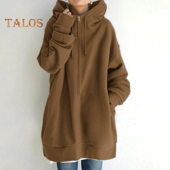 Fall Winter Hooded Jacket Zipper Closure Deawstring Hoodie Long Sleeves Loose Solid Color Warm Pockets Mid Length Neck Protection Coat