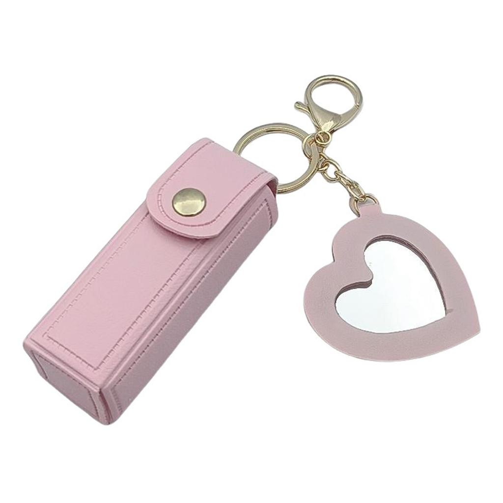 Portable PU Leather Lipstick Holder Keychain With Heart-Shaped Mirror For Women Girls Handbag Charms Accessory Creative Gift