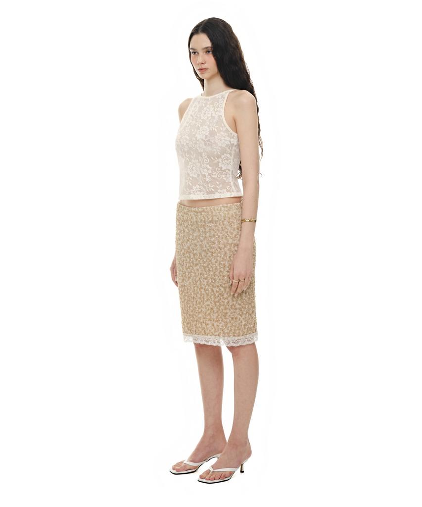 Too Much Tax Lace Point Sparkle Midi Skirt Beige