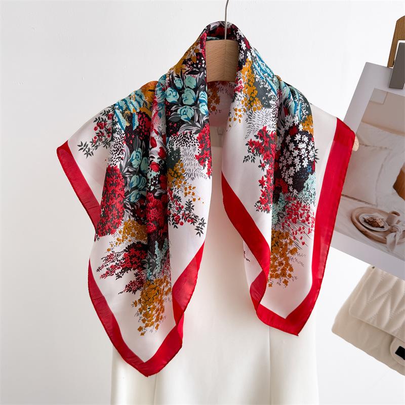 Korean Version Of Colorful Flower Print Silk Scarf Square Scarf High-End Shawl Versatile Neck Small Square Scarf Headscarf