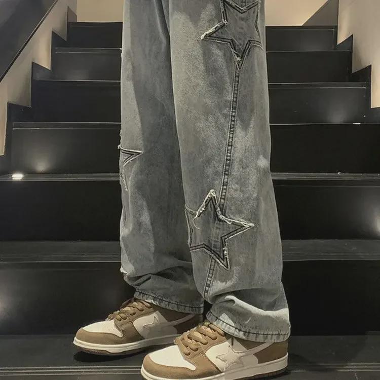 Men's Blue Star Patch Loose Straight-Leg Jeans - High Street Summer Fashion