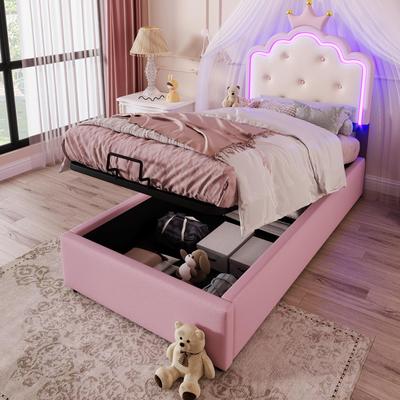 Cama infantil 90x200 Cama estofada Menina Cama de solteiro Coroas 16 cores Tira de LED Armazenamento hidráulico Couro PU Estrado Rosa