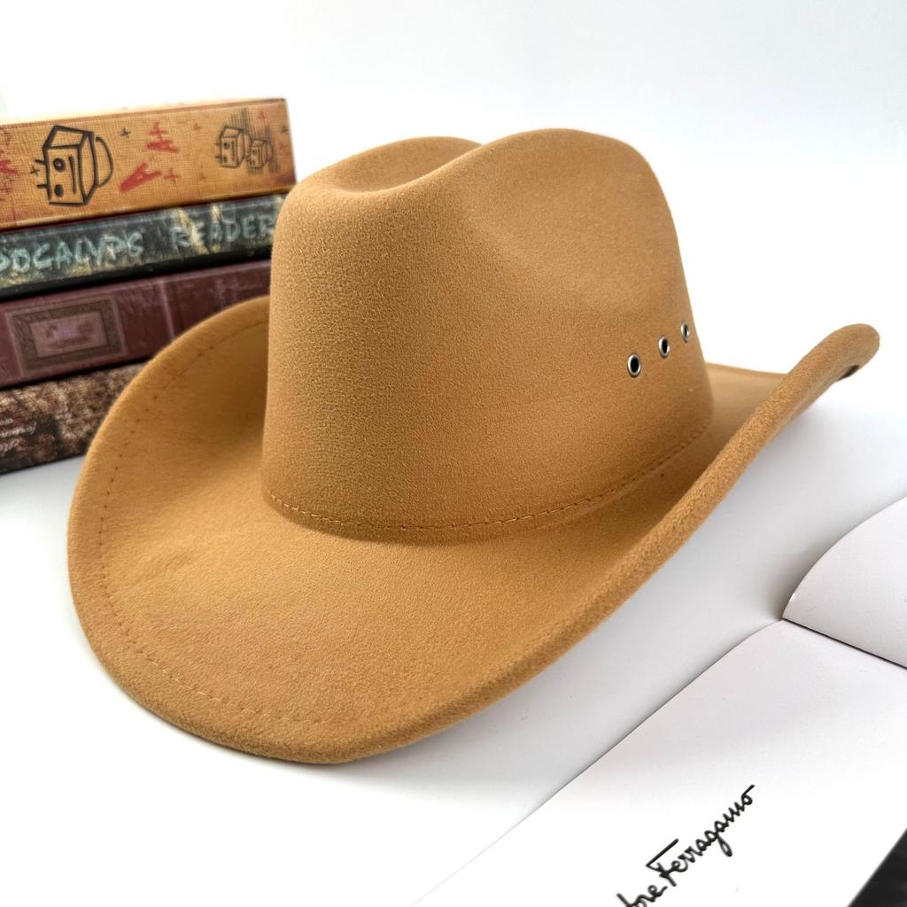 Men'S And Women'S Cowboy Hats Woolen One-Word Top Fashion Punched Hat Jazz Hat Big-Brimmed Top Hat