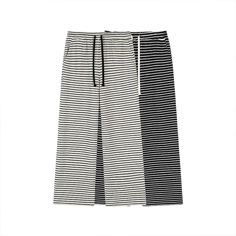 Women's High Waist Striped Terry Cloth Wide Leg Pants - Plus Size, Spring Slimming Draping, Style 63158