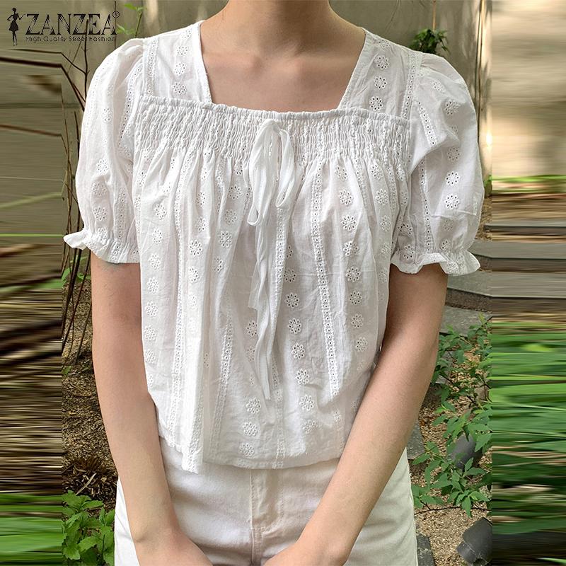 

ZANZEA Женская пышная блузка с коротким рукавом, кружевные лоскутные топы с квадратным вырезом и вырезом