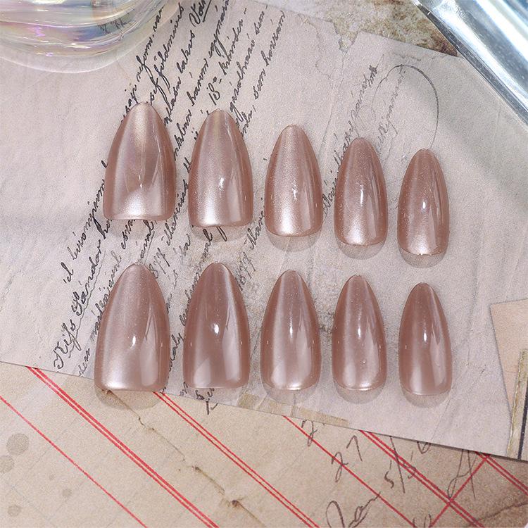 Light Brown Oval Cat Eye Press-On Nails - Medium Length, Luxury Solid Color
